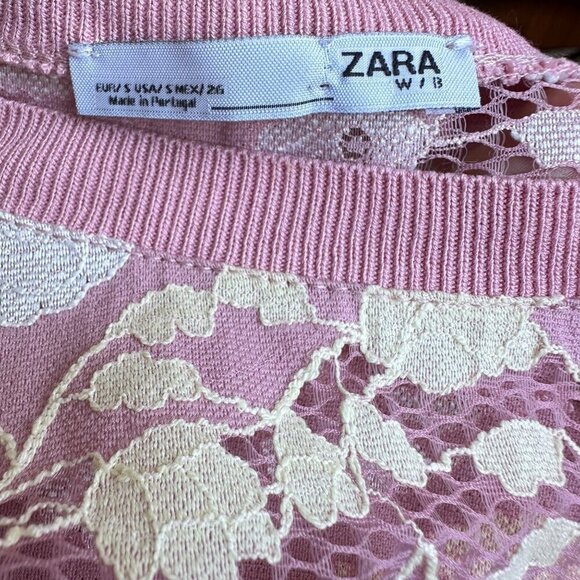 Zara Pink Lace Mesh Floral Cropped Boxy Short Sleeve Top Size S - Picture 5 of 5